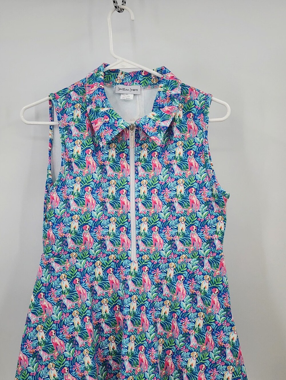 Sleeveless Blue Puppy-Print Activewear Dress Front Zip W Shorts Tennis Beachy - Picture 2 of 7